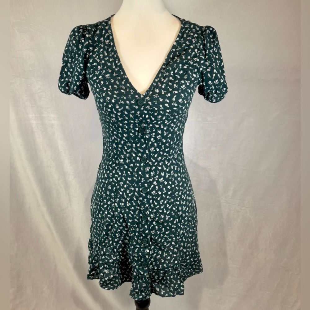 H&M dark green and white ditsy floral button front dress size 2